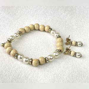Bracelet and Earring set made with Wooden Beads, Faux Pearls and Gold accents.